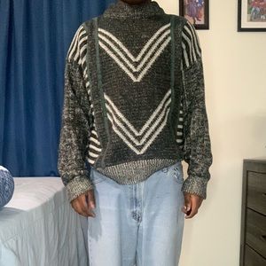 Women grey and green jumper vintage sweater w leather stripes